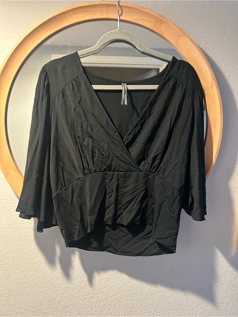 Anthropologie Black Wrap-Front Flutter Sleeve Blouse